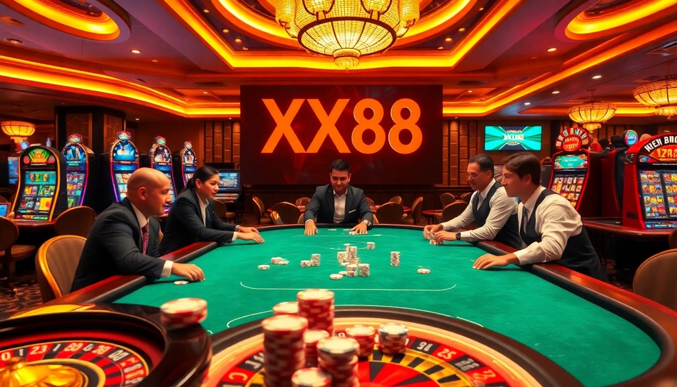 Action-packed poker game at XX88 casino, showcasing excitement and professional dealers.