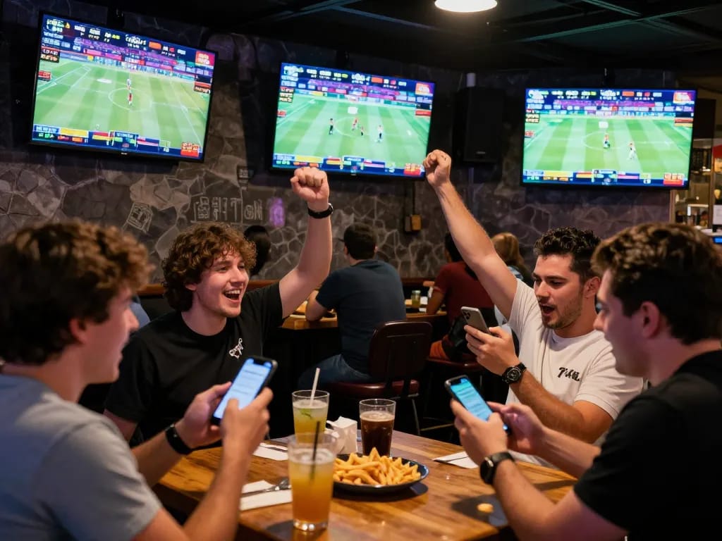 Cheering fans betting on live games at 78win sports bar, enjoying dynamic atmosphere.