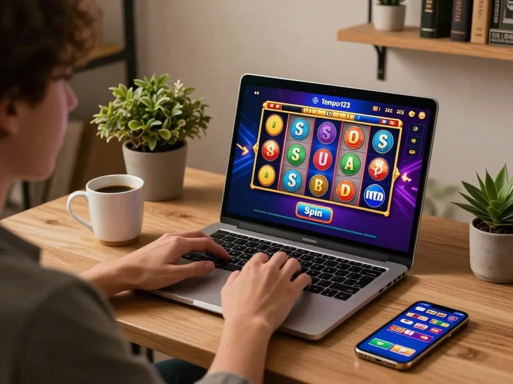Pengalaman bermain slot online yang menarik dengan Tempo123 di laptop dalam suasana rumah yang nyaman.