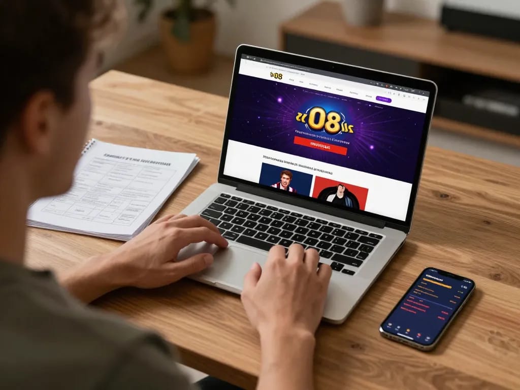 Engaging online gambling experience with O8 casino on laptop screen and strategy notes