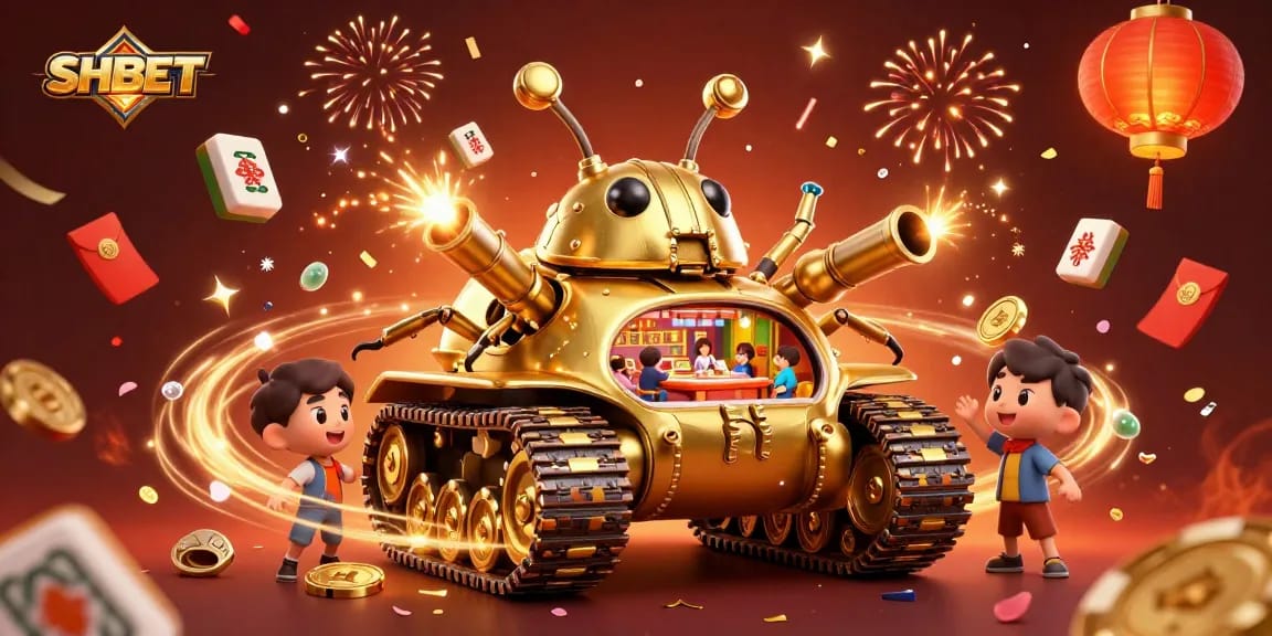 Engage in SHBET's vibrant online gaming experience with a lively digital casino inside a golden beetle tank.