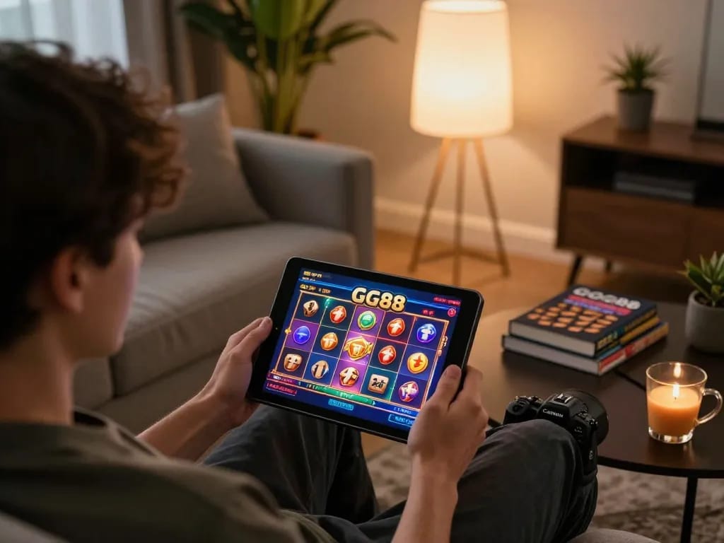 Engaging GG88 online gaming experience with a player enjoying a slot game on a tablet.