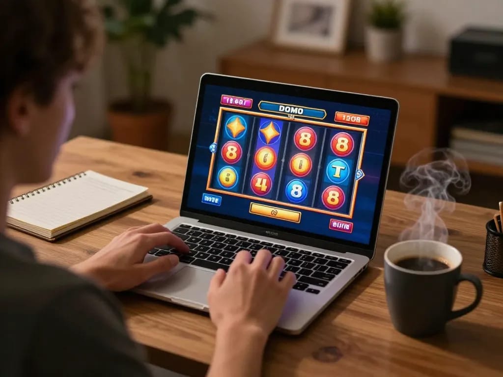 Terlibat dalam Slot Demo online dari rumah, menunjukkan pengaturan permainan yang dipersonalisasi dengan suasana yang nyaman.
