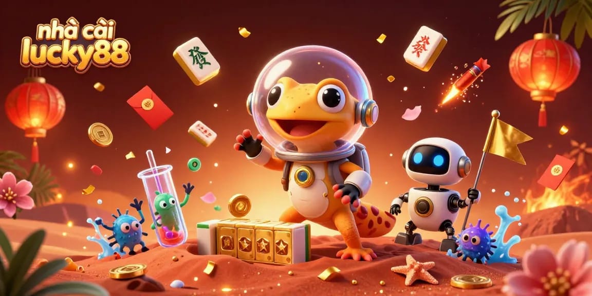 Engaging scene showcasing nhà cái lucky88 with a Martian gecko uncovering a golden casino amidst a vibrant Martian landscape.