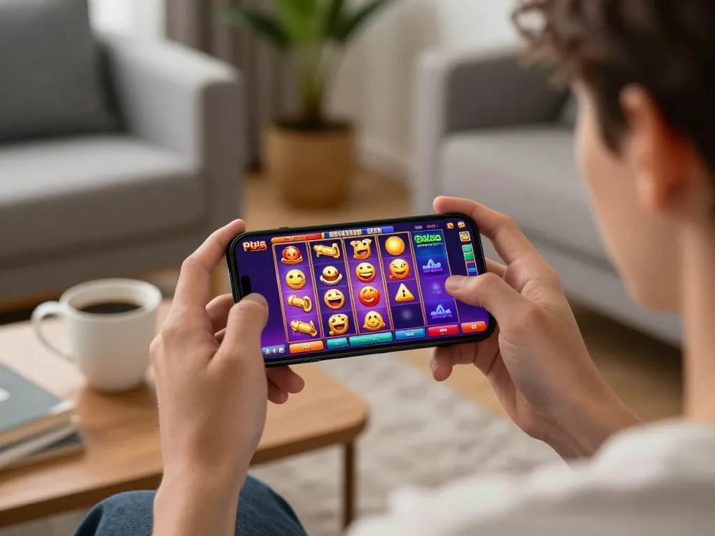 Terlibat dalam permainan slot pulsa di smartphone dalam suasana ruang tamu yang nyaman.