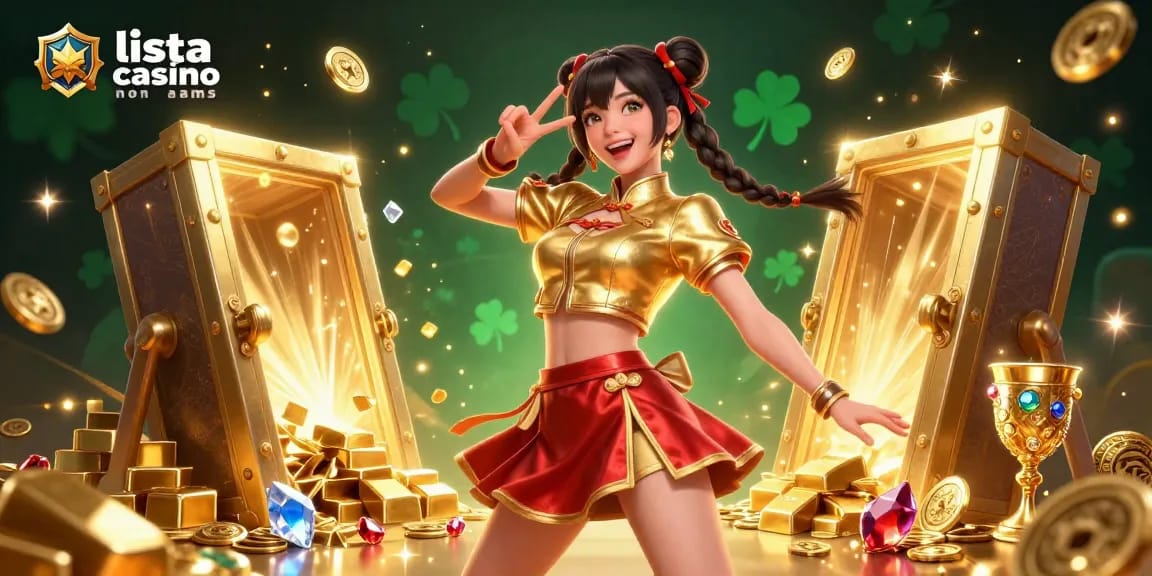 Scena coinvolgente di una donna asiatica che celebra con un segno di pace, circondata da elementi colorati del casinò, mostrando lista casino non aams.