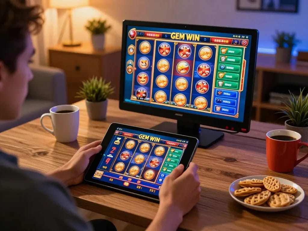 Engaged player enjoying GEM WIN online slots on a tablet in a cozy home setup.