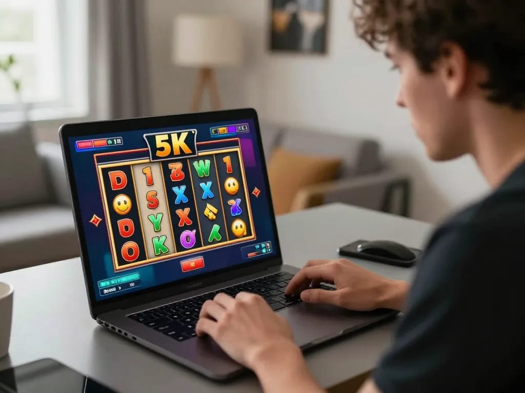 Player engaged with a slot 5k machine during an online gaming session, showcasing an immersive gaming environment.