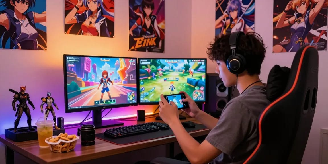 Player engaged in an exciting android hentai game surrounded by vibrant gaming decor.