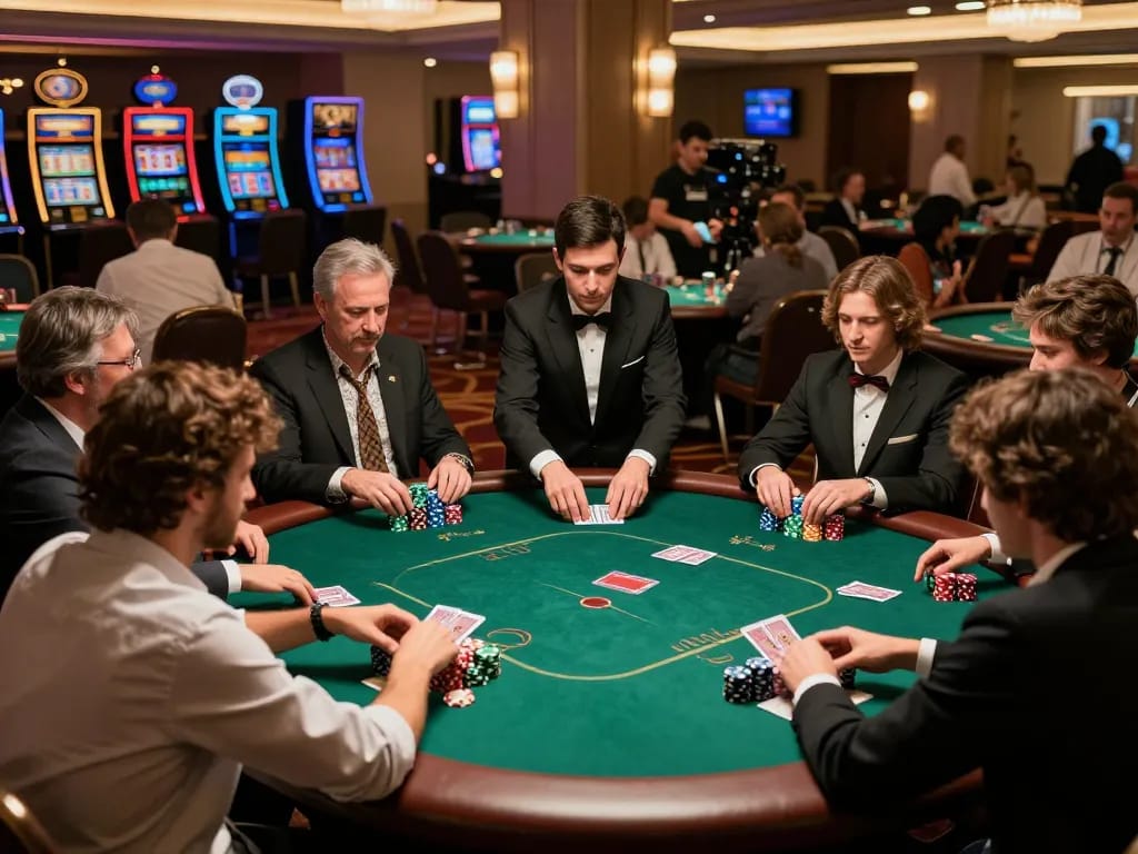 sunwin poker players strategizing with dealer in upscale casino, vibrant lights
