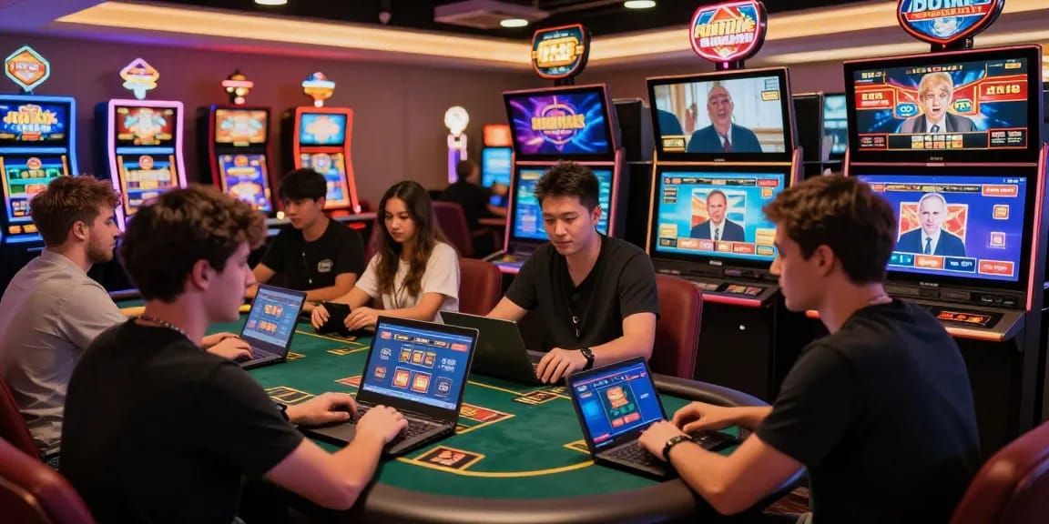 Online gaming experience at mahajitu featuring excited players and digital interactions in modern casino setting.
