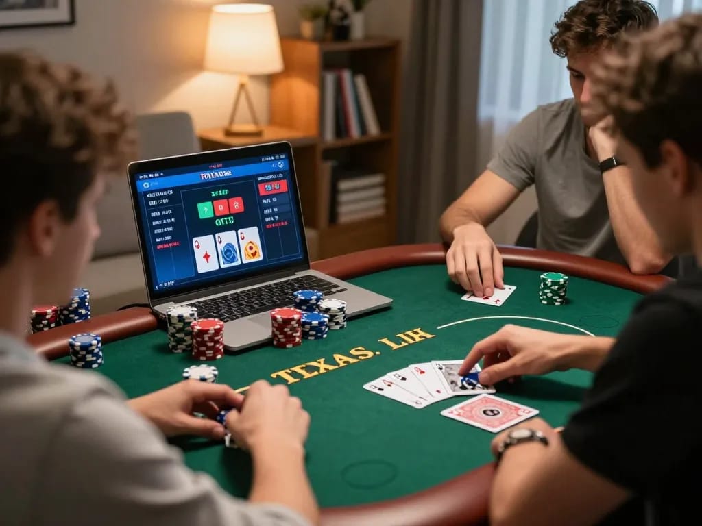 Pemain yang terlibat merencanakan strategi pada permainan poker online aman788 dengan chip di tangan dan layar laptop terlihat.