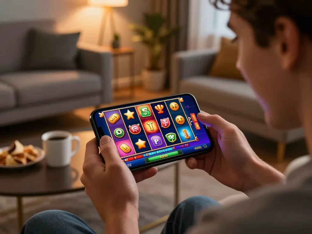 Play thrilling online slots at 789P on a smartphone, showcasing vibrant graphics and an engaging atmosphere.