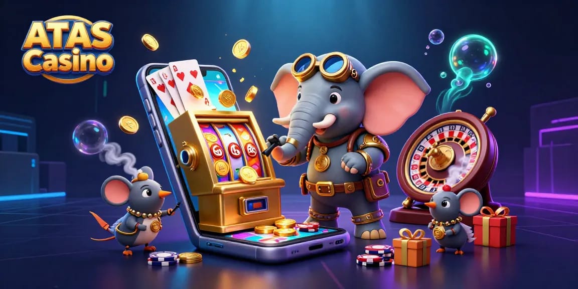 Engage with ATAS Casino's vibrant gaming world featuring a steampunk elephant and dynamic slot machine.