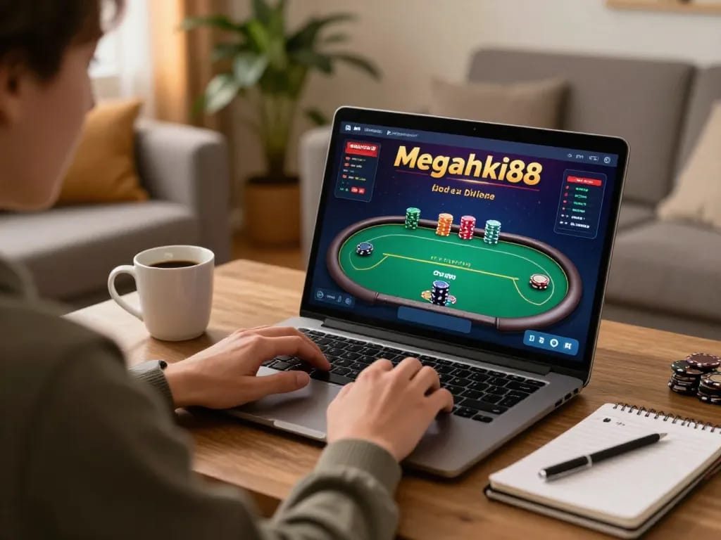 Engaging gaming session on megahoki88 with player analyzing poker strategies at home.