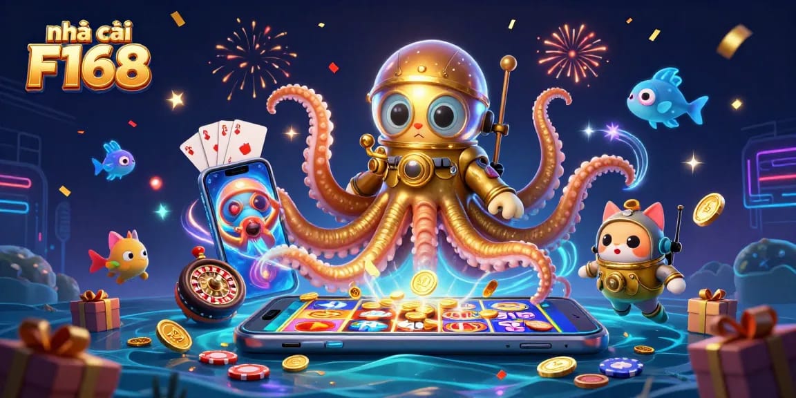 Play slots at nhà cái F168 while enjoying treasures amidst a kraken and bright sea creatures.