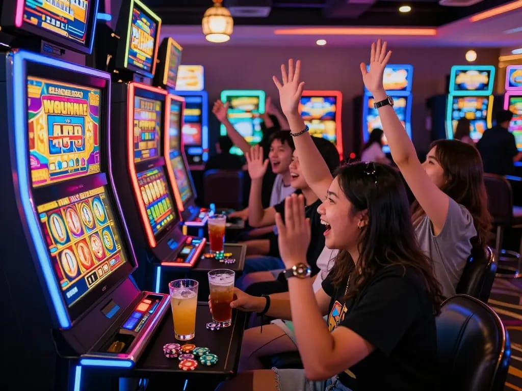 Group celebrating a big win at slot gacor hari ini in a vibrant casino setting with colorful lights.