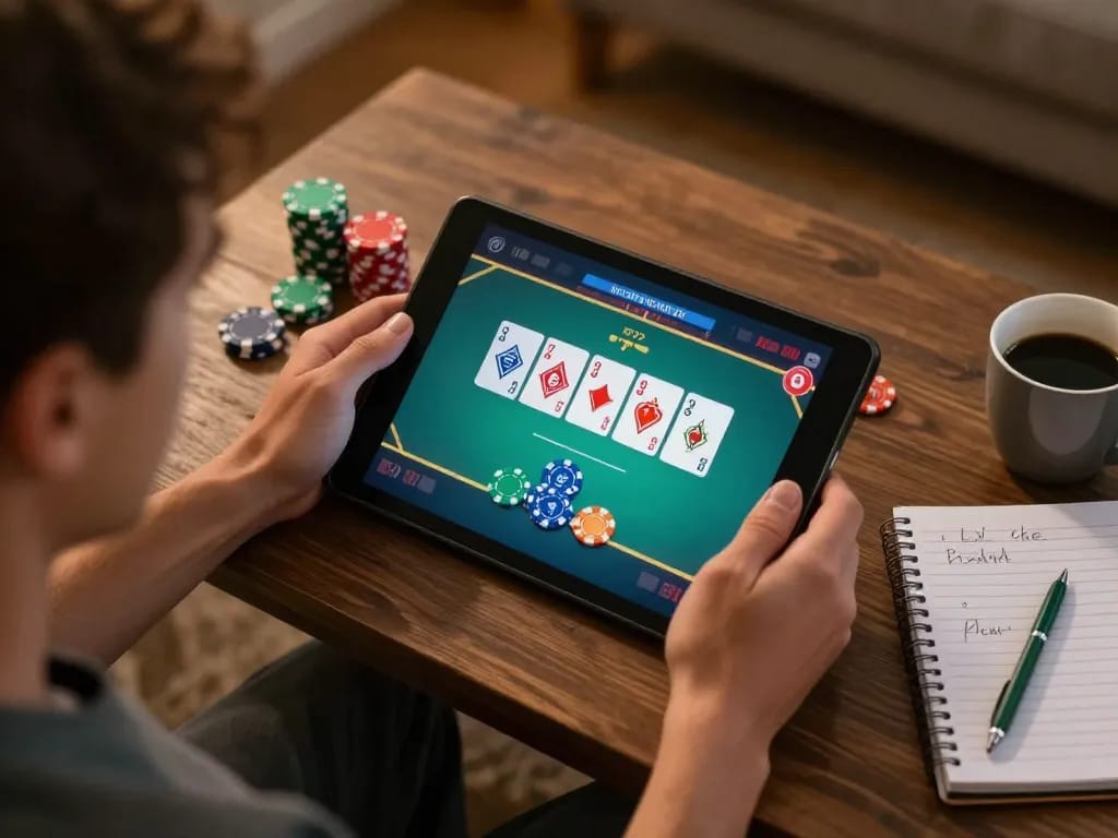 Player engaging with 789bet online poker while strategizing gambling decisions at home.