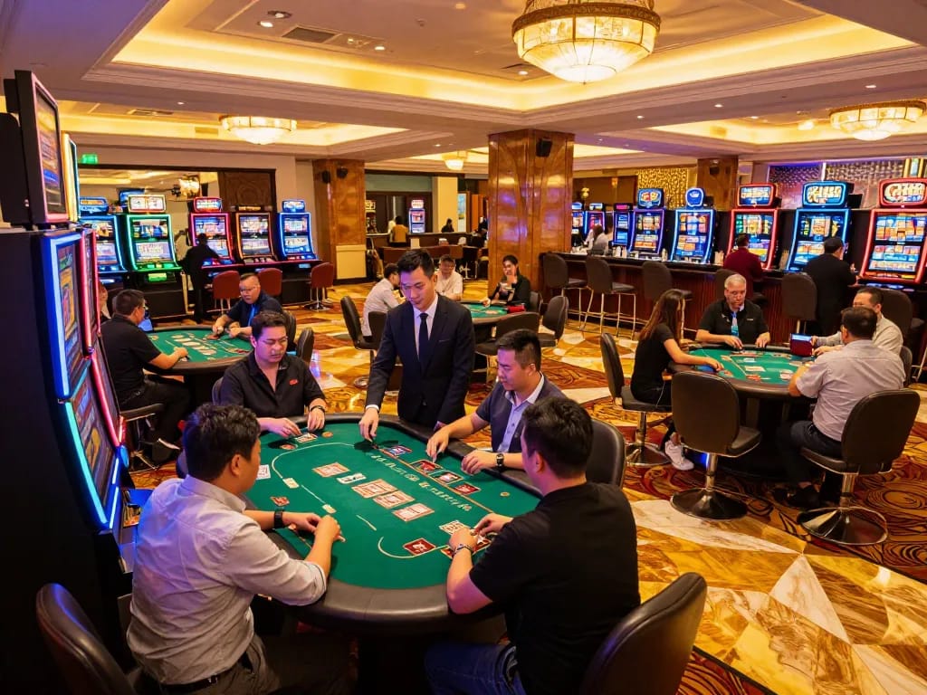 Excited players engage in strategic card games at CM88's vibrant casino.