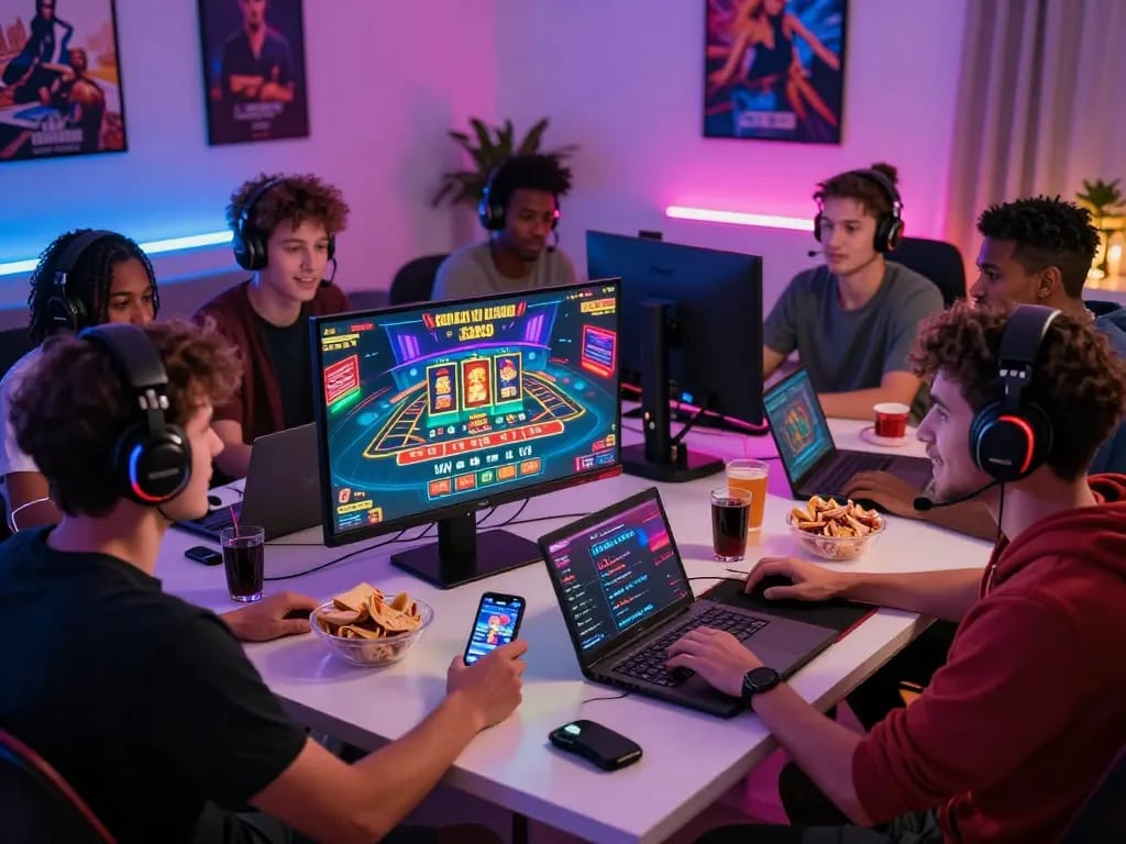 Friends enjoying a thrilling online gaming experience with Sun Win platform in a vibrant living room.