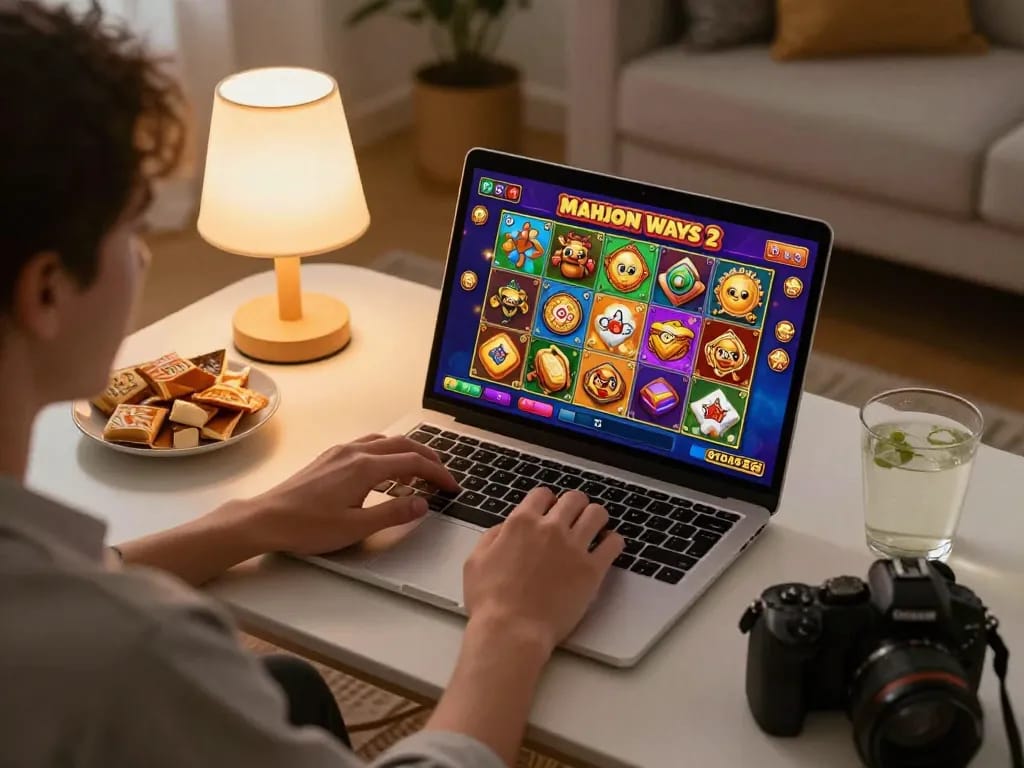 Enjoying the online slot game situs slot mahjong on a cozy laptop setup with snacks and drinks.