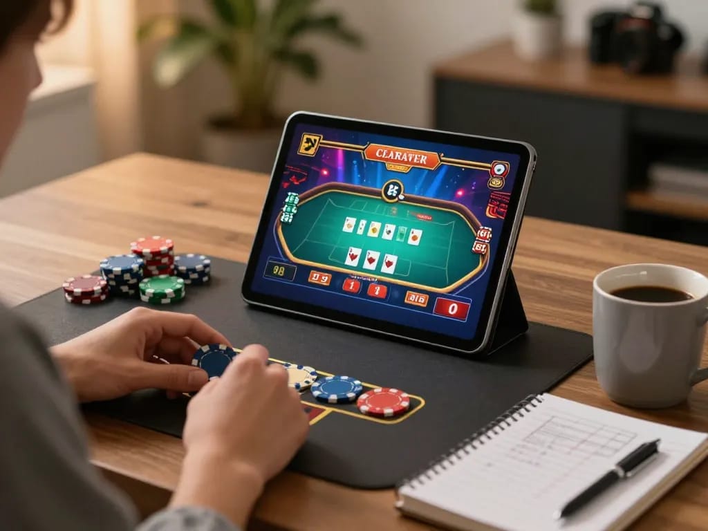 VU88 player enjoying a live dealer blackjack game on a tablet, focused and ready to win.