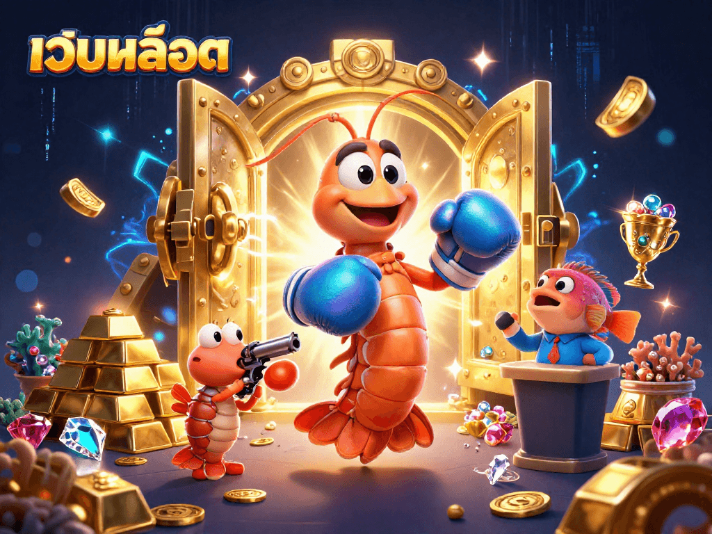 Experience เว็บสล็อต thrills with vibrant 3D characters exploring treasures, slot reels, and jackpots lighting up the scene.