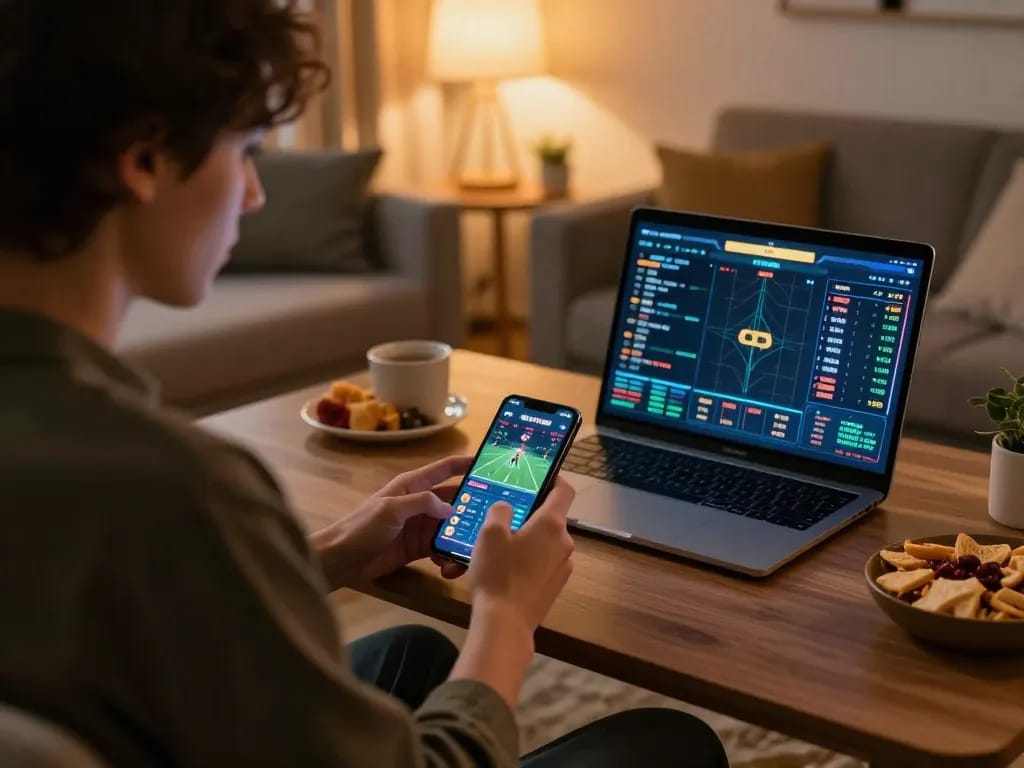 Person placing bets on 68win app during an exciting sports match in a cozy home