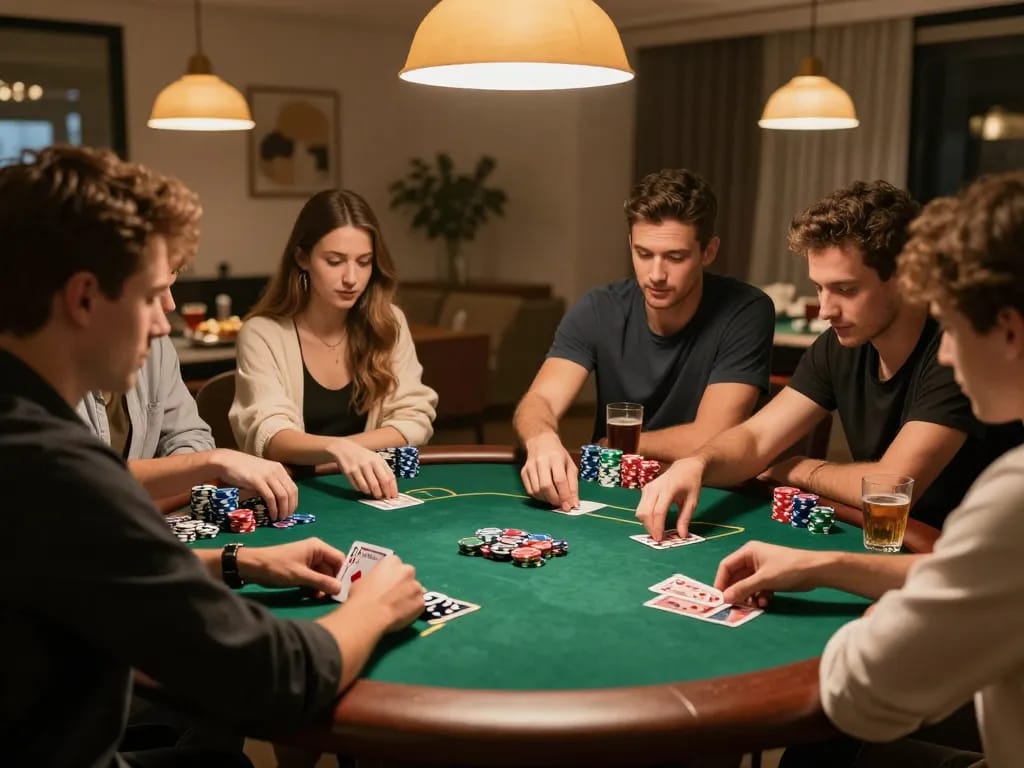 Players enjoy a friendly poker game in a cozy home setting, emphasizing strategic debet management.