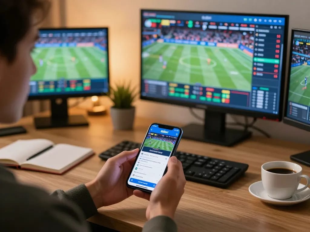 8xbet user placing strategic bets on sports from a modern home office setup.