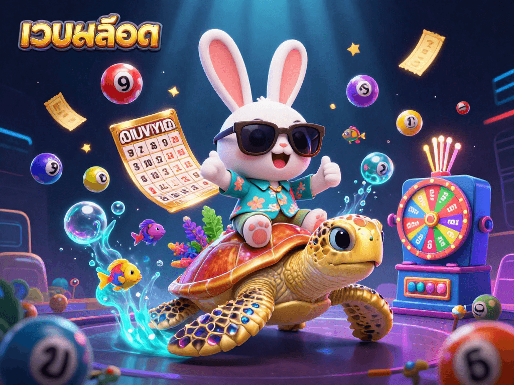 Experience เว็บสล็อต thrills with a lively scene featuring a cartoon lucky rabbit and a giant golden sea turtle.