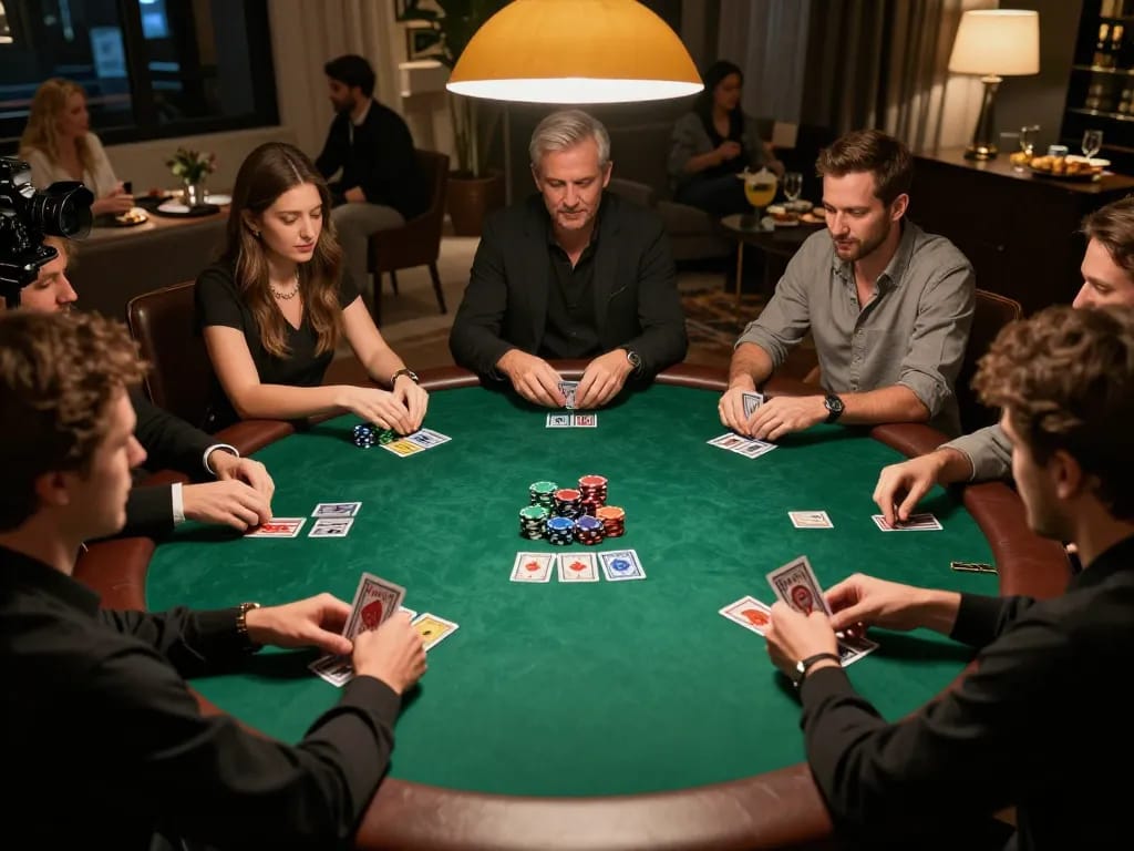 Players engaging in a strategic game of poker at a home event, highlighting 888New casino action.
