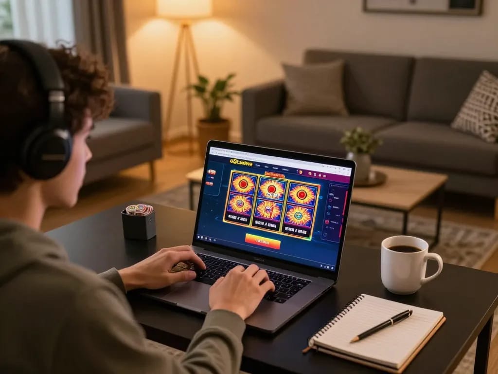 Engaged player winning on slots at o8casino in a cozy home setting