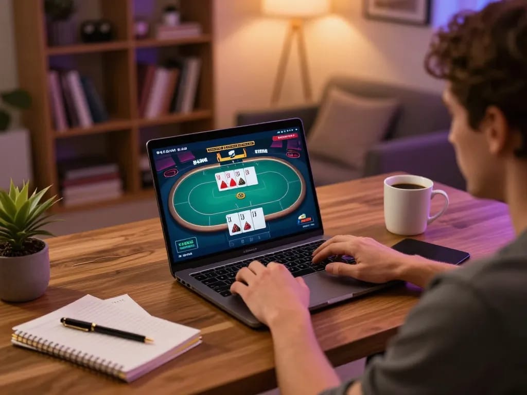 Engaging player exploring yo88i poker interface at home, showcasing strategic enjoyment in cozy environment