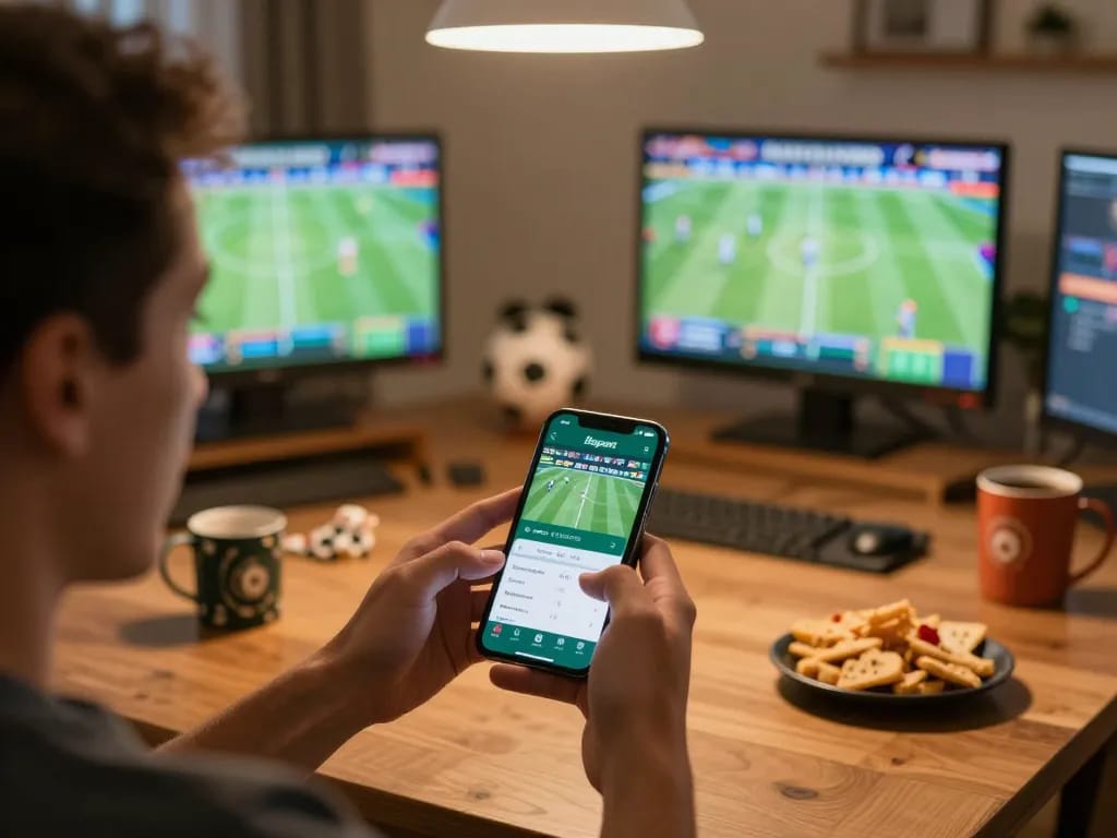 Excited bettor engaging with the Bsport app for real-time sports betting updates