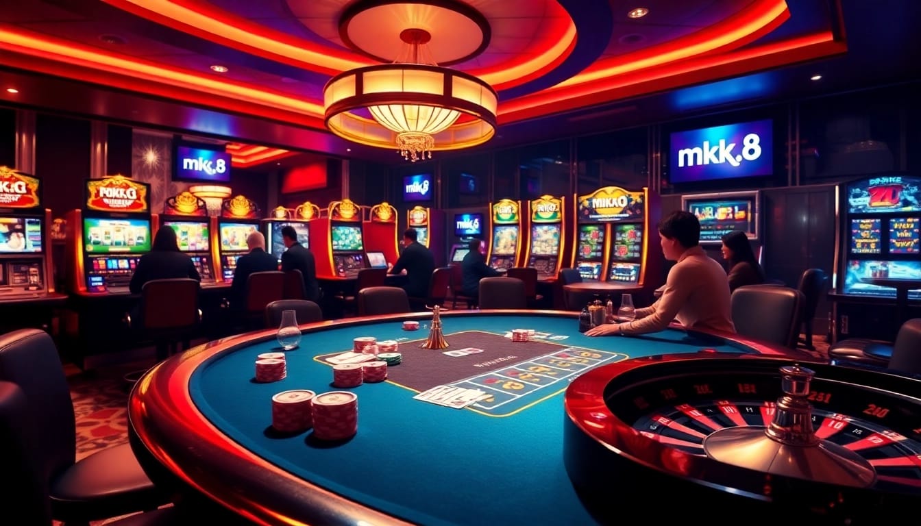 Experience an exhilarating game at mk8 casino with vibrant tables, colorful chips, and captivating slot machines.