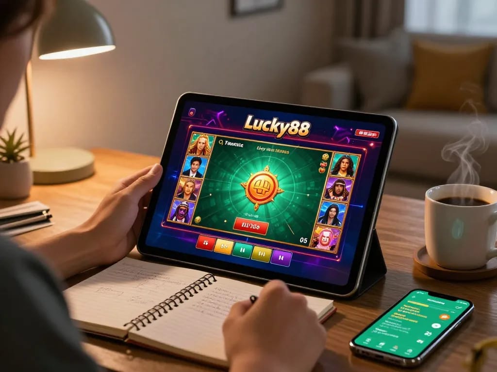 Player engaging with the Lucky88 casino app on a tablet, surrounded by strategy notes and coffee.
