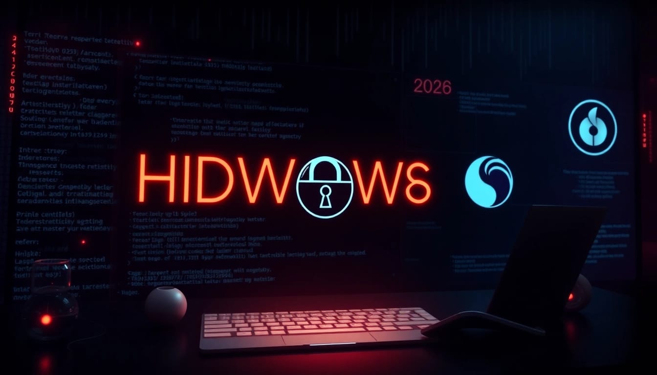 Visual representation of Hidden Wiki 2026, showcasing dark web security and onion icons.