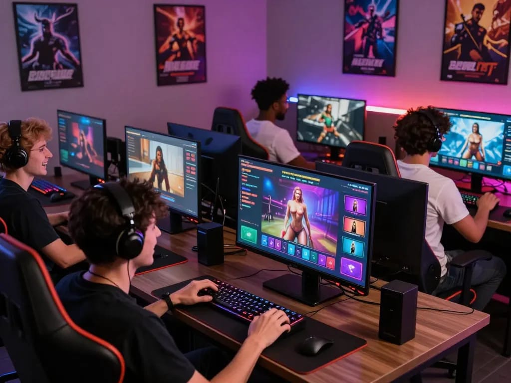 Engaged adults playing interactive porngames in a vibrant gaming setup.