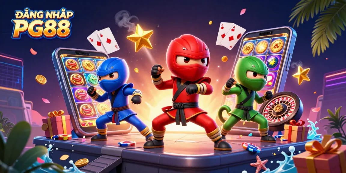 Experience seamless access with ĐĂNG NHẬP PG88, featuring vibrant digital casino elements and dynamic characters.