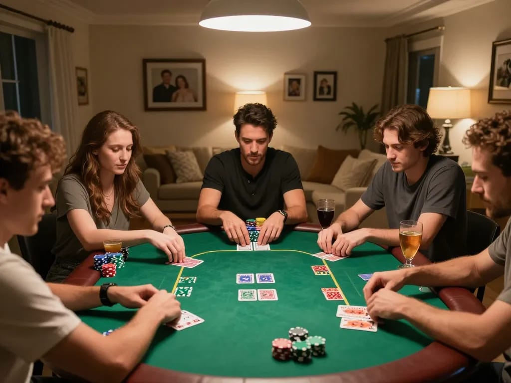 Engaged players enjoy a strategic Go 88 poker night, chips and cards creating excitement.