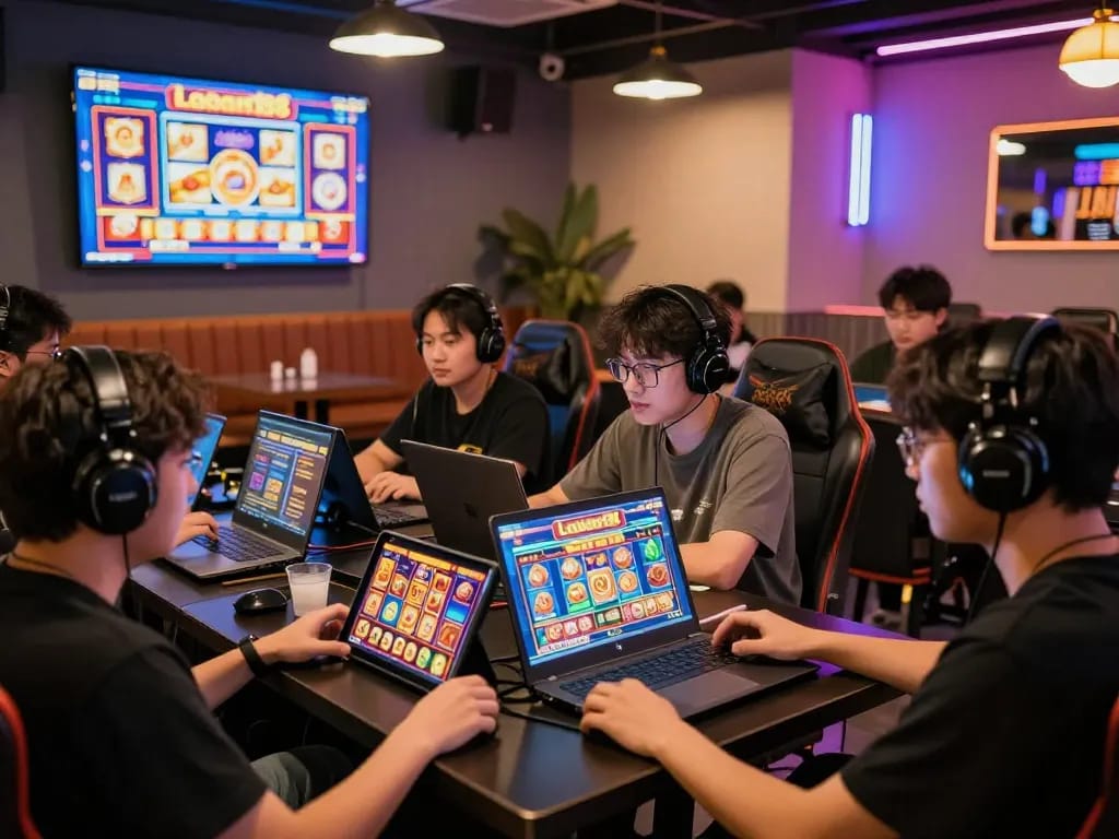 Pemain menikmati slot online laoban188 dalam suasana kafe permainan yang hidup.