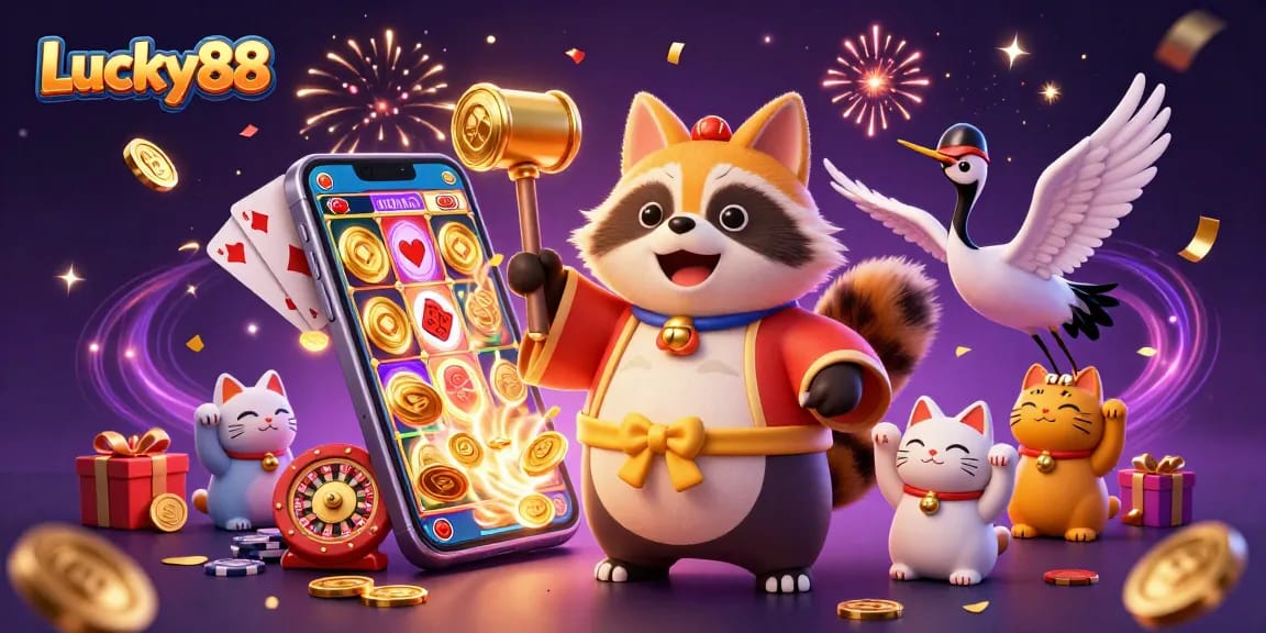 Spin to win at Lucky88 with cheerful tanuki and vibrant casino elements!