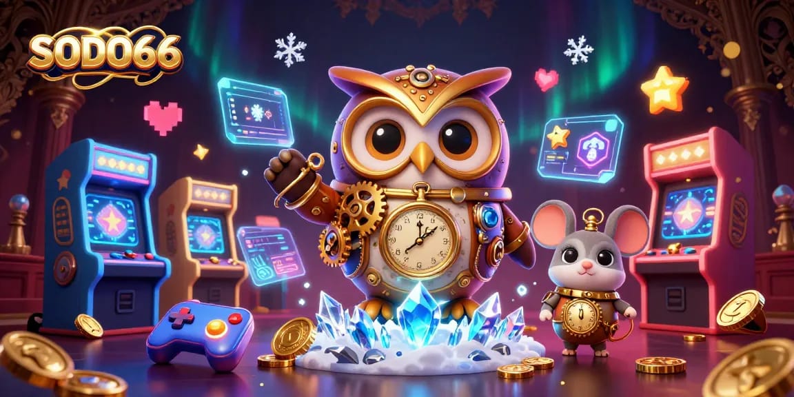 SODO66 brings gamers to life with a vibrant 3D scene featuring a time-traveler owl and interactive casino elements.