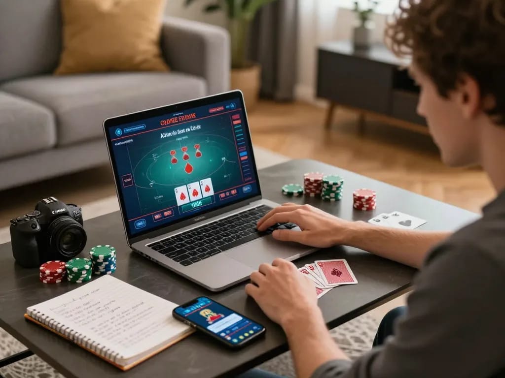 VA88 online casino player strategizing with poker cards and chips in cozy home setup.