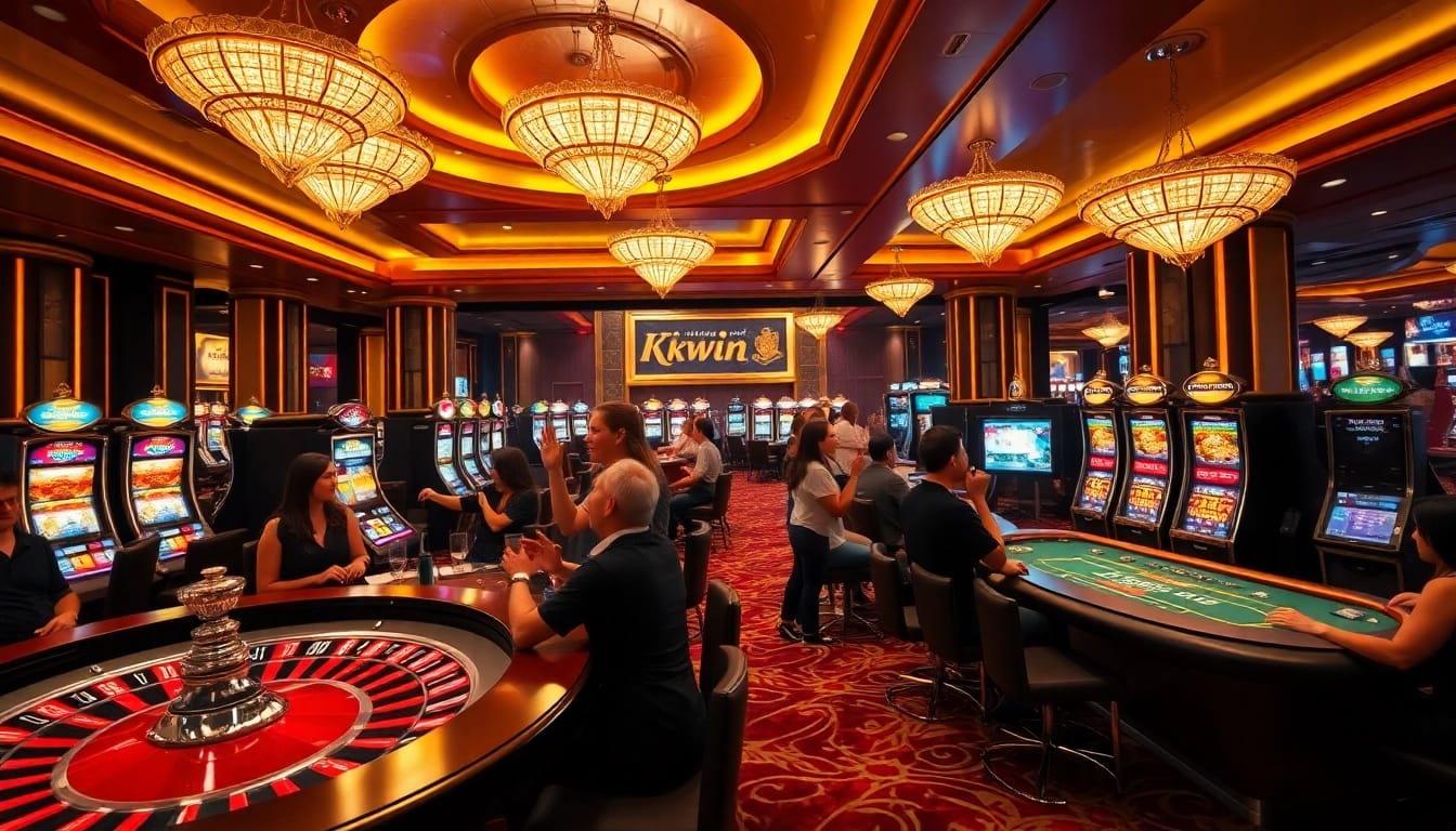 Kkwin players engage in thrilling casino action at poker tables with vibrant decor and exciting atmosphere.