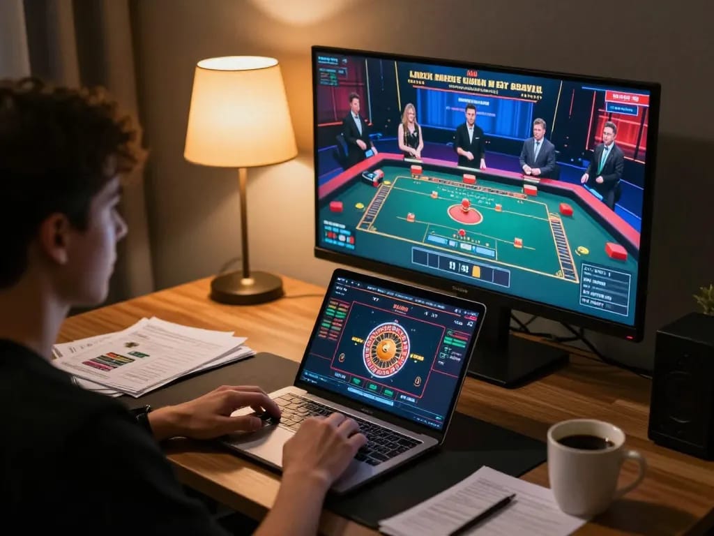 Orang berinteraksi dengan roulette langsung di pengaturan permainan online uxplora, menampilkan suasana perjudian modern