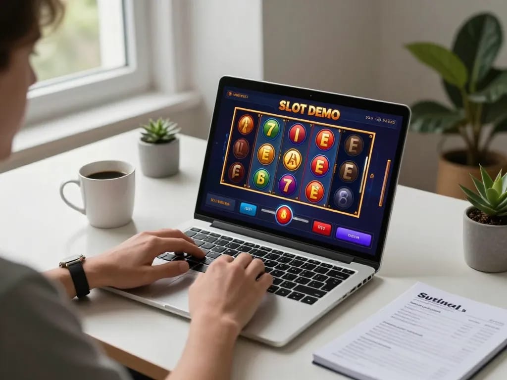 Engaging in a Slot Demo game online with colorful reels and strategy notes