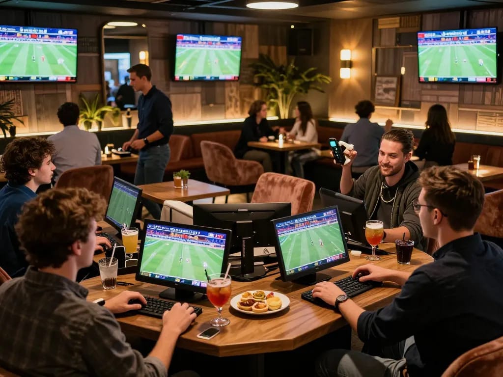 Betters enjoying an exciting moment at man88a sports betting lounge, placing wagers on live events