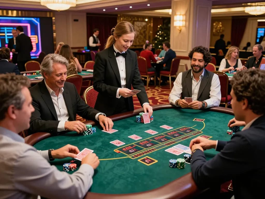 Players enjoying a thrilling blackjack game at open 88, showcasing action and excitement in a luxury casino atmosphere.